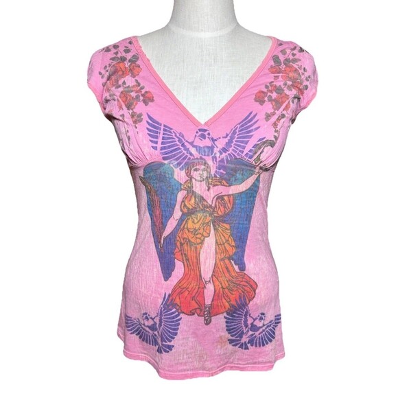 Y2K Butterfly Dropout Foxy People Babydoll Top – Med Pink Tattoo Graphic V-Neck - Picture 1 of 11
